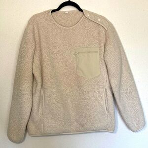Uniquo Sherpa Fleece Crewneck Sweater Pullover Snap Shoulders Cream Beige Size M
